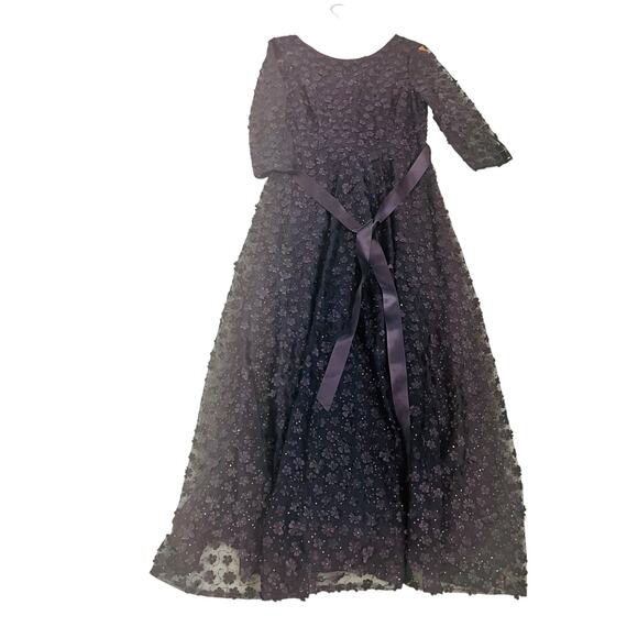 Tahari Floral Appliqué Sequin Three Quarter Sleeve Maxi Dress Size 12 Navy - Picture 4 of 9